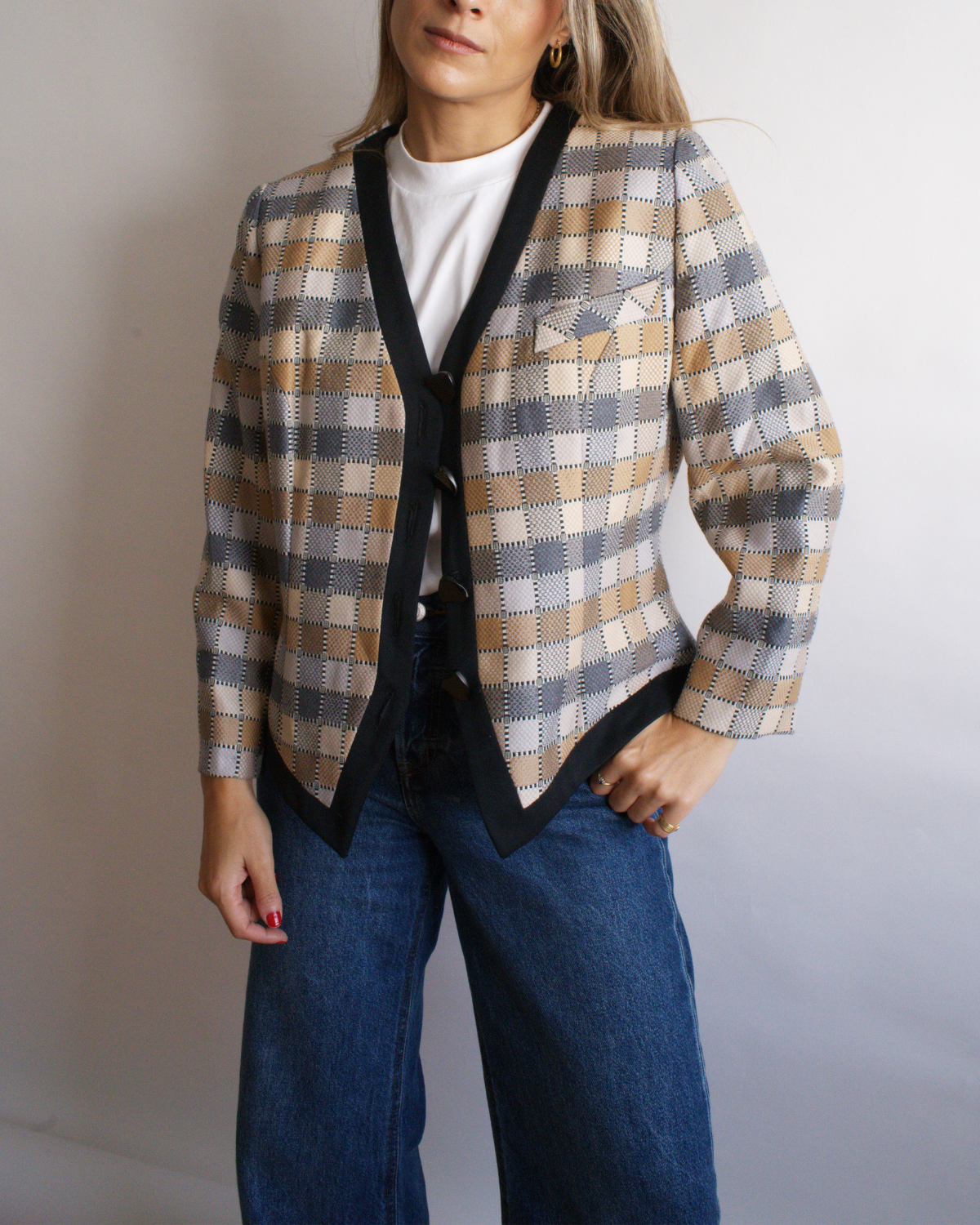 Chaqueta Vintage Cuadros Beige y Gris