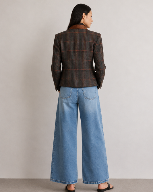 chaqueta vintage marrón cuadros con detalles en ante