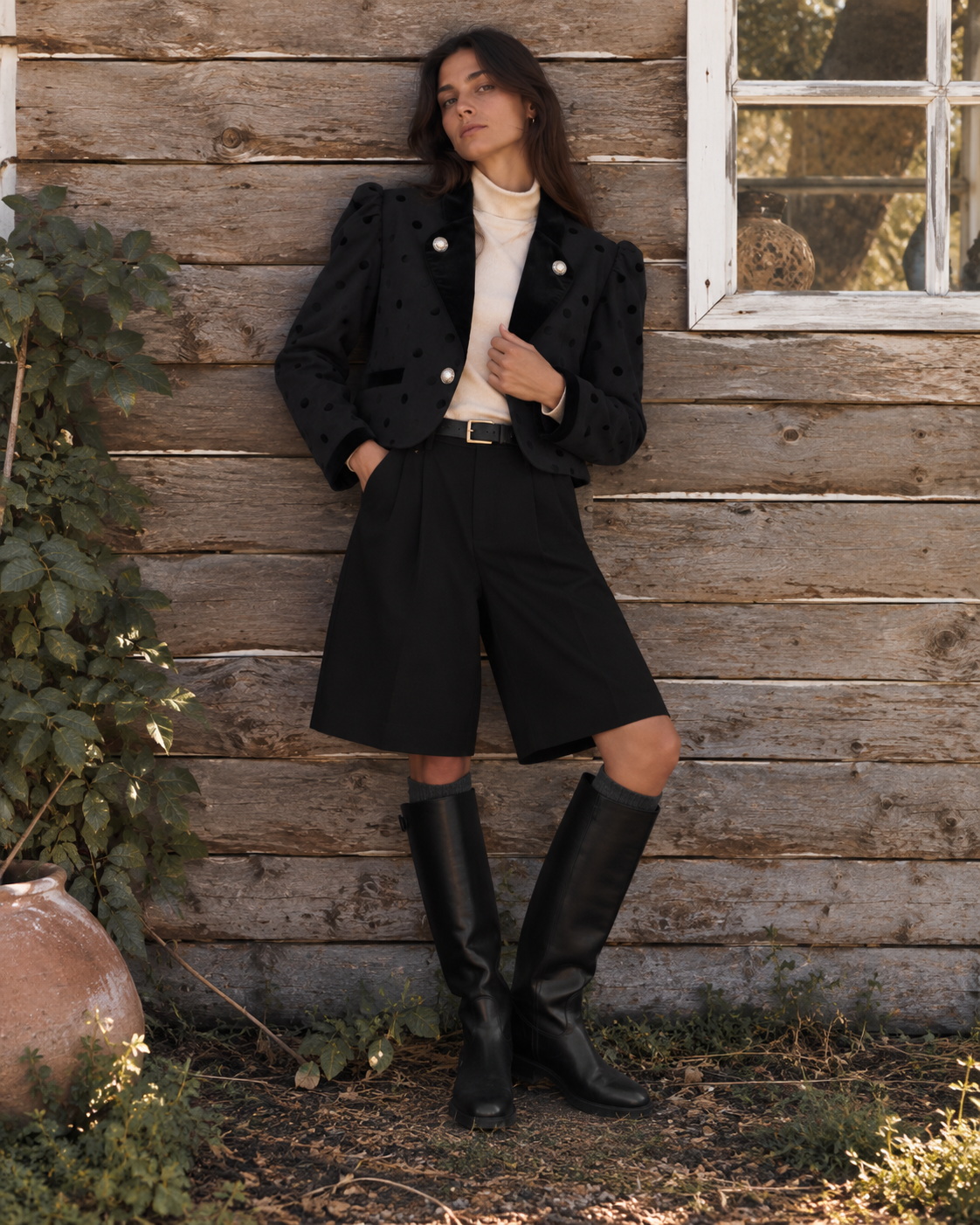 Chaqueta austriaca negra con lunares de terciopelo — estilo años 80