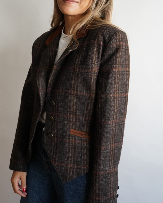 chaqueta vintage marrón cuadros con detalles en ante