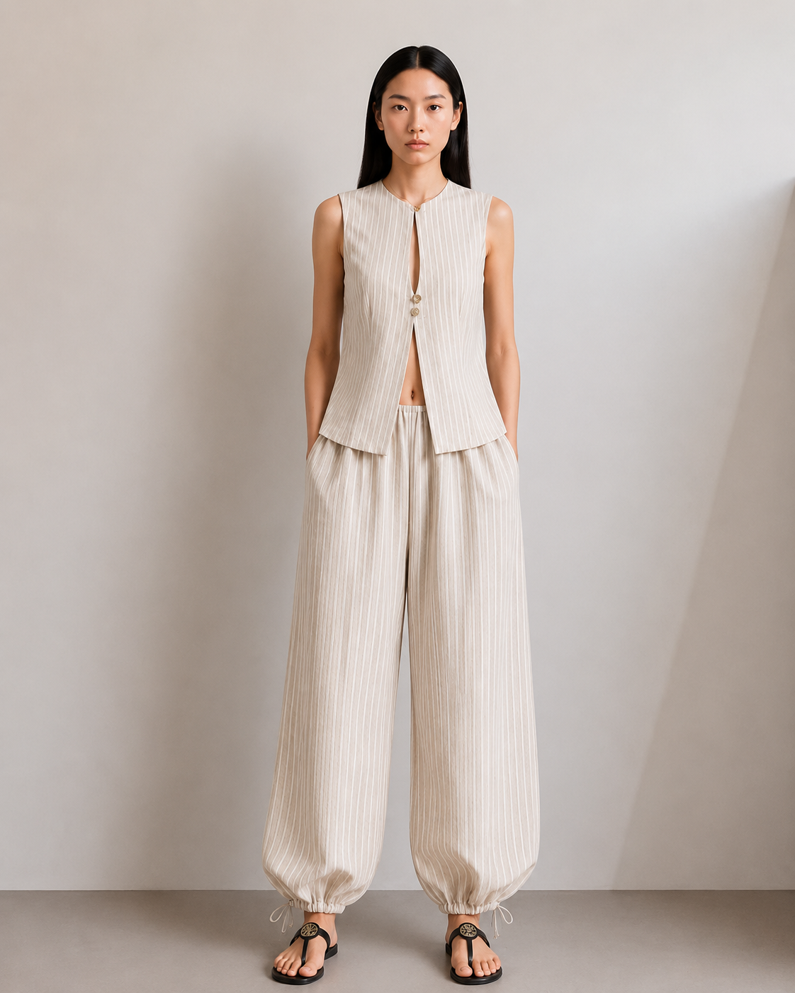 Pantalón HIBII de lino a rayas beige