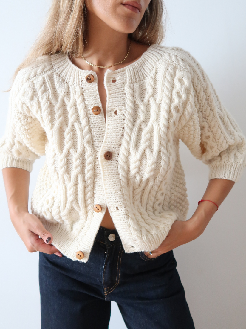 Chaqueta vintage de punto hecha a mano en lana natural