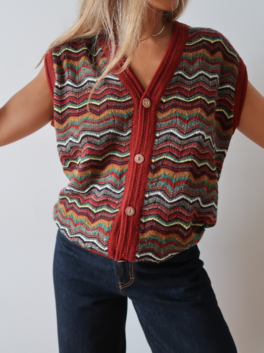 Chaleco vintage de punto multicolor con estampado zigzag