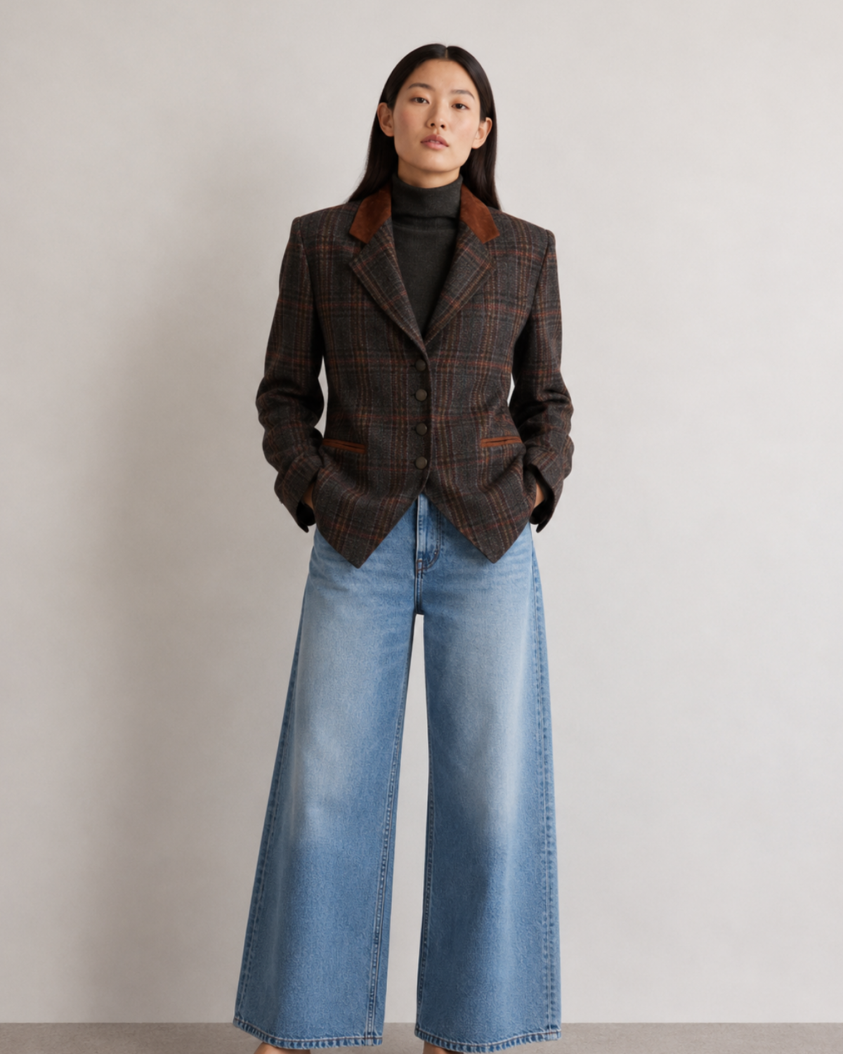 chaqueta vintage marrón cuadros con detalles en ante