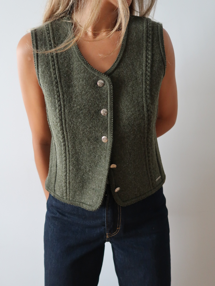 Chaleco austriaco de lana virgen verde oliva