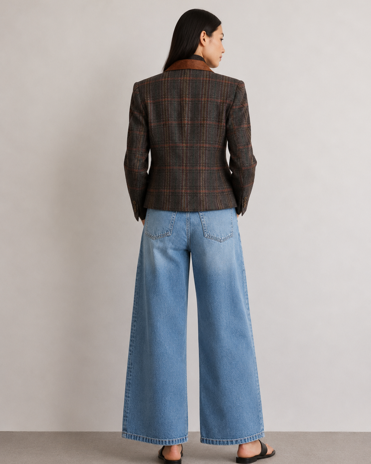 chaqueta vintage marrón cuadros con detalles en ante