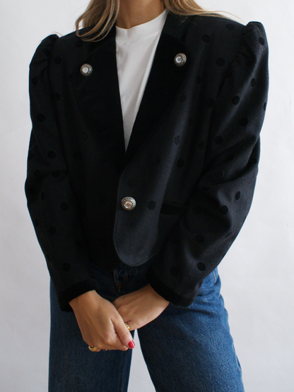 Chaqueta austriaca negra con lunares de terciopelo — estilo años 80