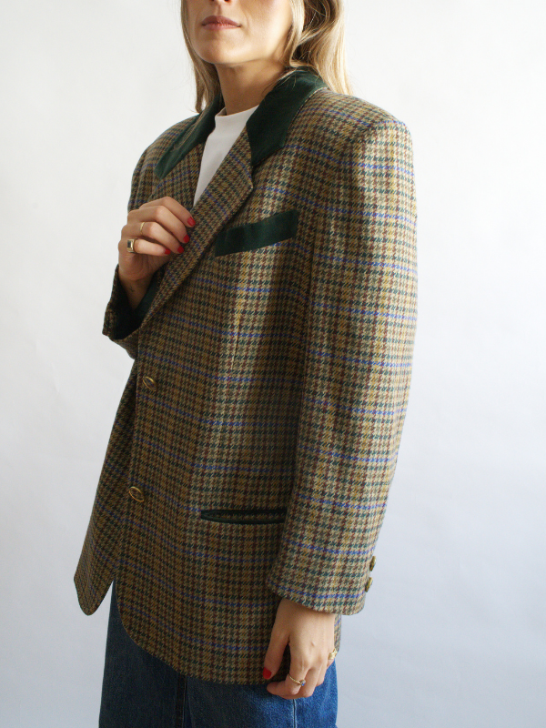 Blazer vintage cuadros verdes detalles terciopelo