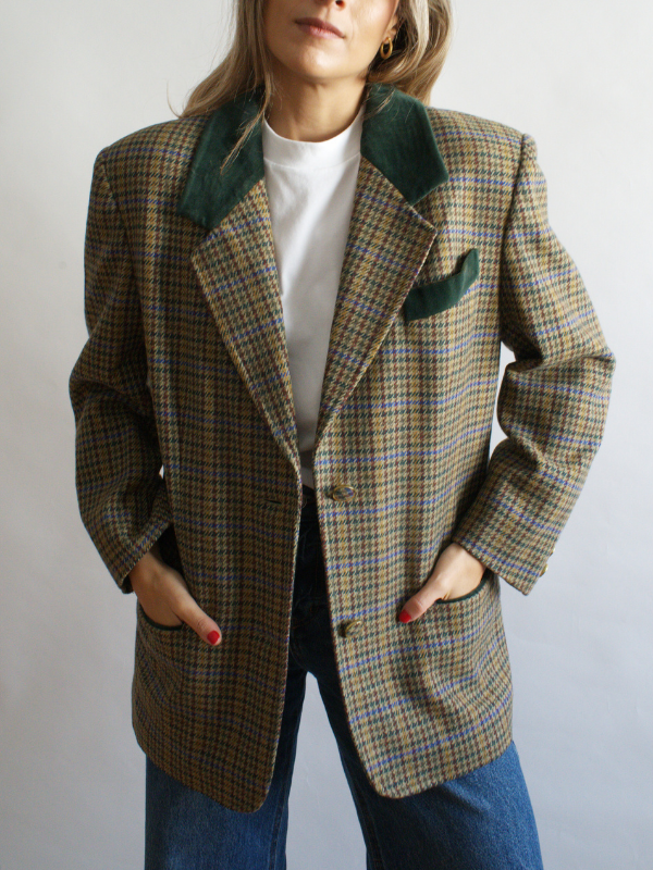 Blazer vintage cuadros verdes detalles terciopelo