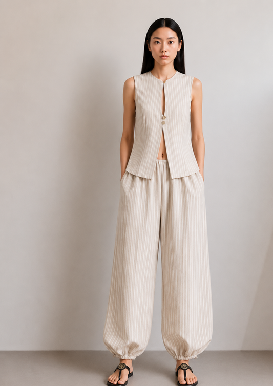Pantalón HIBII de  lino a rayas beige