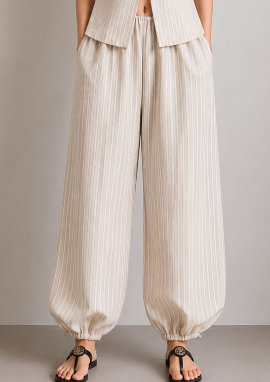 Pantalón HIBII de  lino a rayas beige