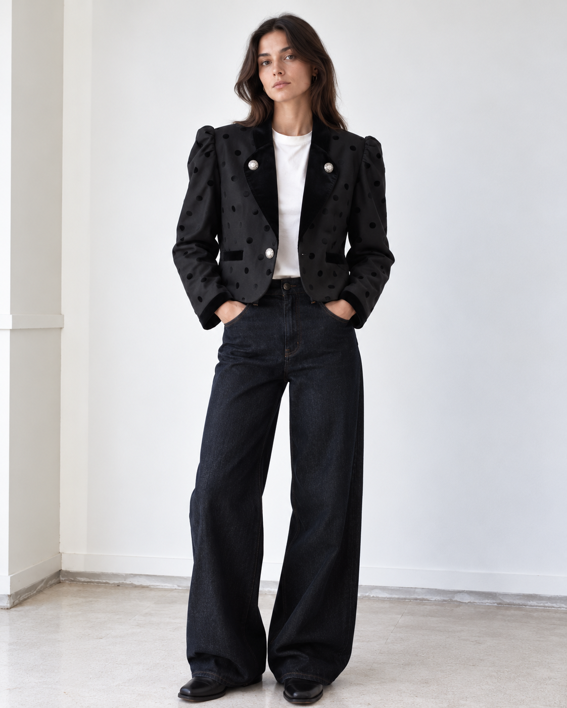 Chaqueta austriaca negra con lunares de terciopelo — estilo años 80