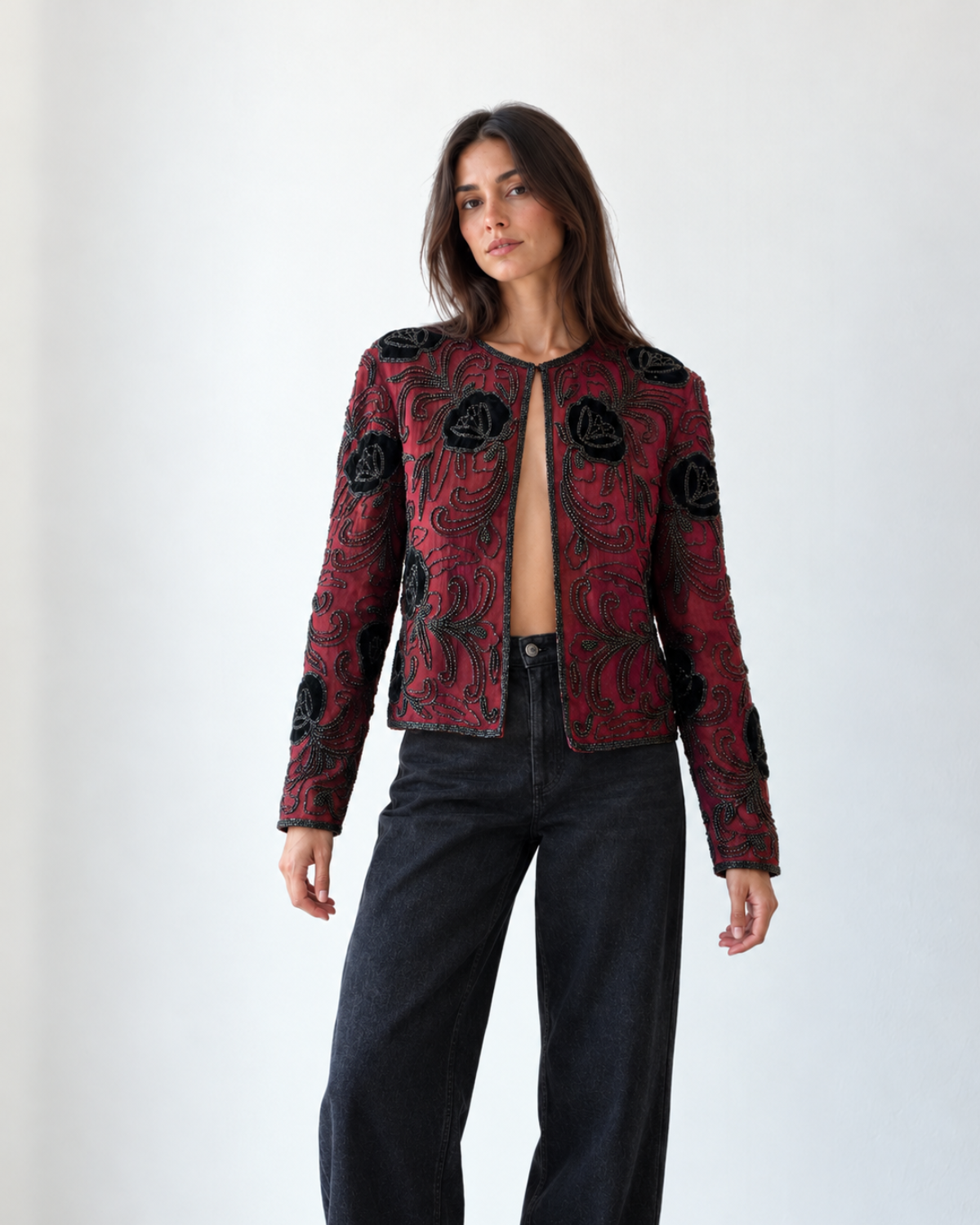 Chaqueta vintage burdeos de seda bordada