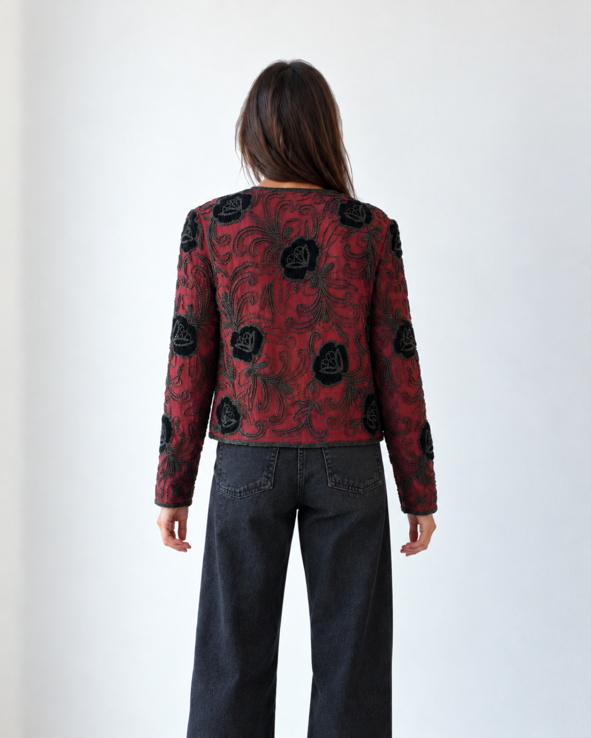 Chaqueta vintage burdeos de seda bordada