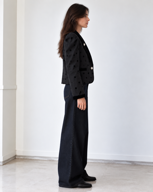 Black Austrian jacket with velvet polka dots — 80s style