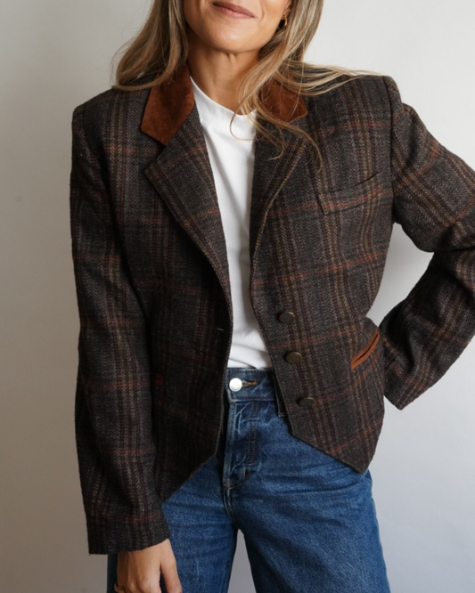 chaqueta vintage marrón cuadros con detalles en ante