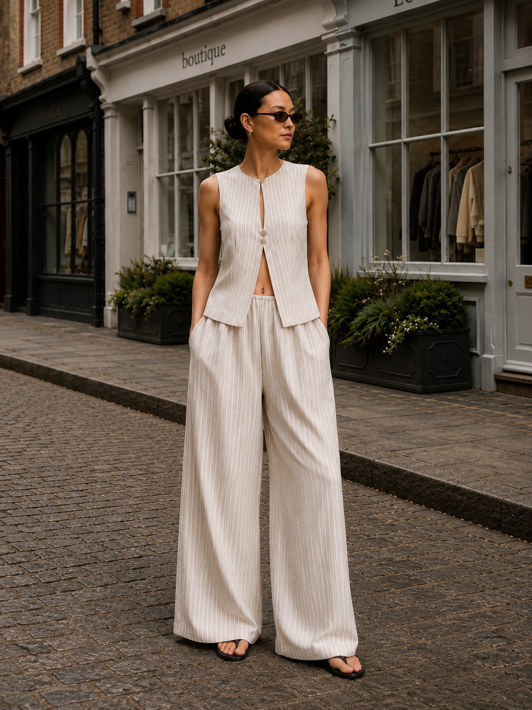 HIBII Beige Striped Linen Pants